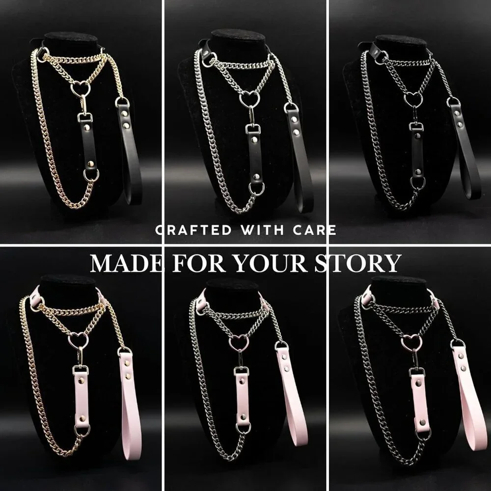 Heart O-ring Leather Choker Necklace Women Punk Gothic Black Pink Adjustable